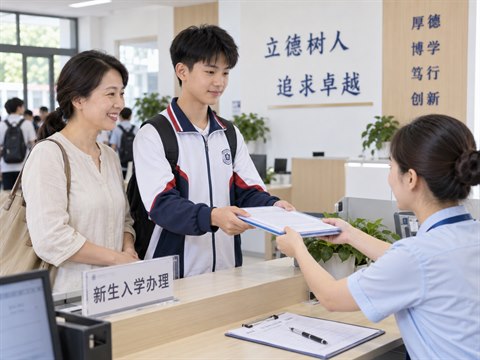 办理入学，提交资料，完成报名手续的场景示意